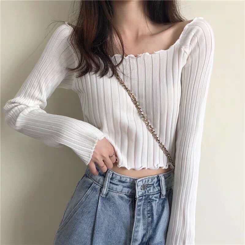 Áo Croptop Trễ Vai Dài Tay Len Mỏng