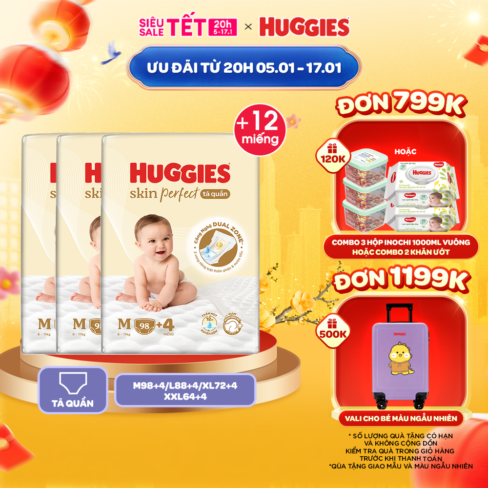 Combo 3 gói Tã quần Huggies Skin Perfect Mega Jumbo M98+4/L88+4/XL72+4/XXL64+4 miếng với 2 vùng thấm giảm kích ứng da