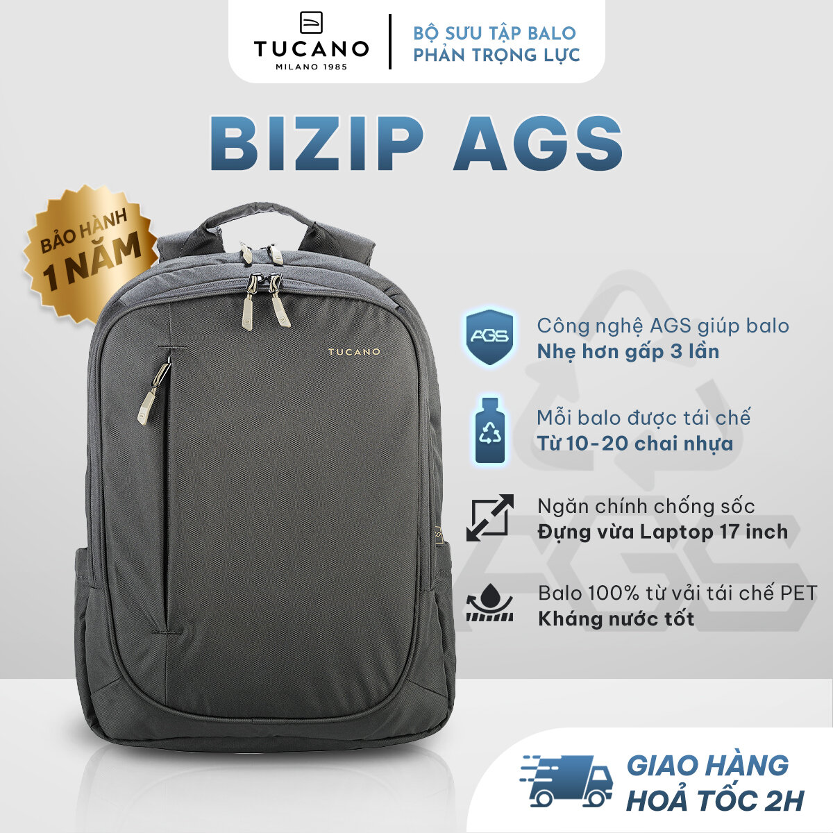 Balo laptop tái chế tucano bizip ags eco 17 inch - ags giảm 75% trọng lực, thiết kế chống sốc, chống thấm nước tốt