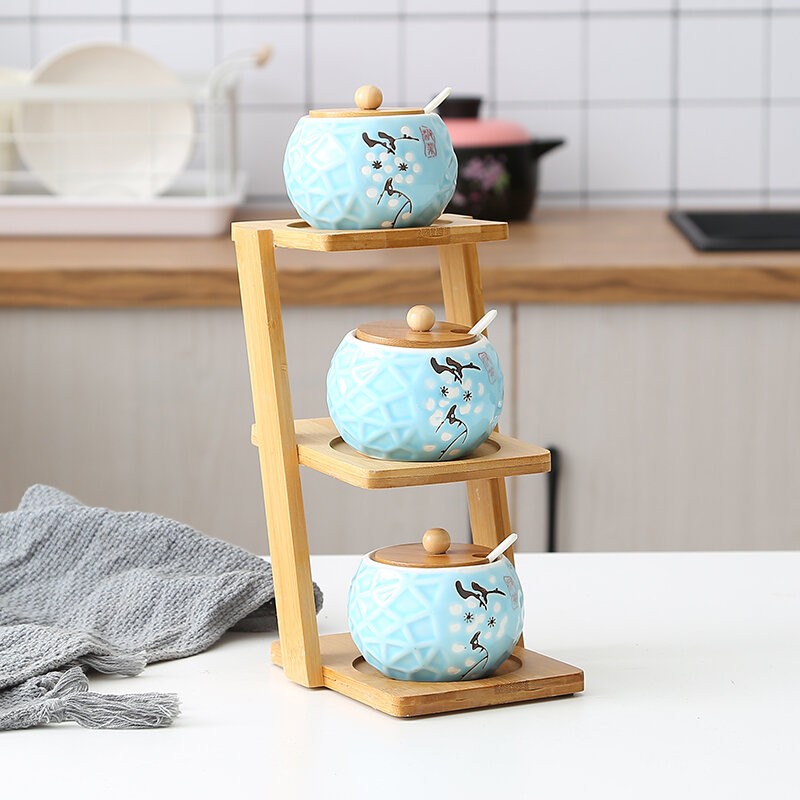 Giá tre kiểu tầng trên dưới hình thang hộp thủy tinh hộp gia vị lọ gia vị gốm sứ hộp đựng muối hộp đựng gia vị