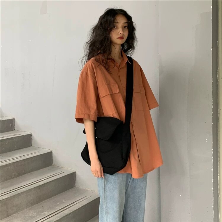 Áo sơ mi unisex tay lỡ cổ bẻ dáng ulzzang freesize form rộng