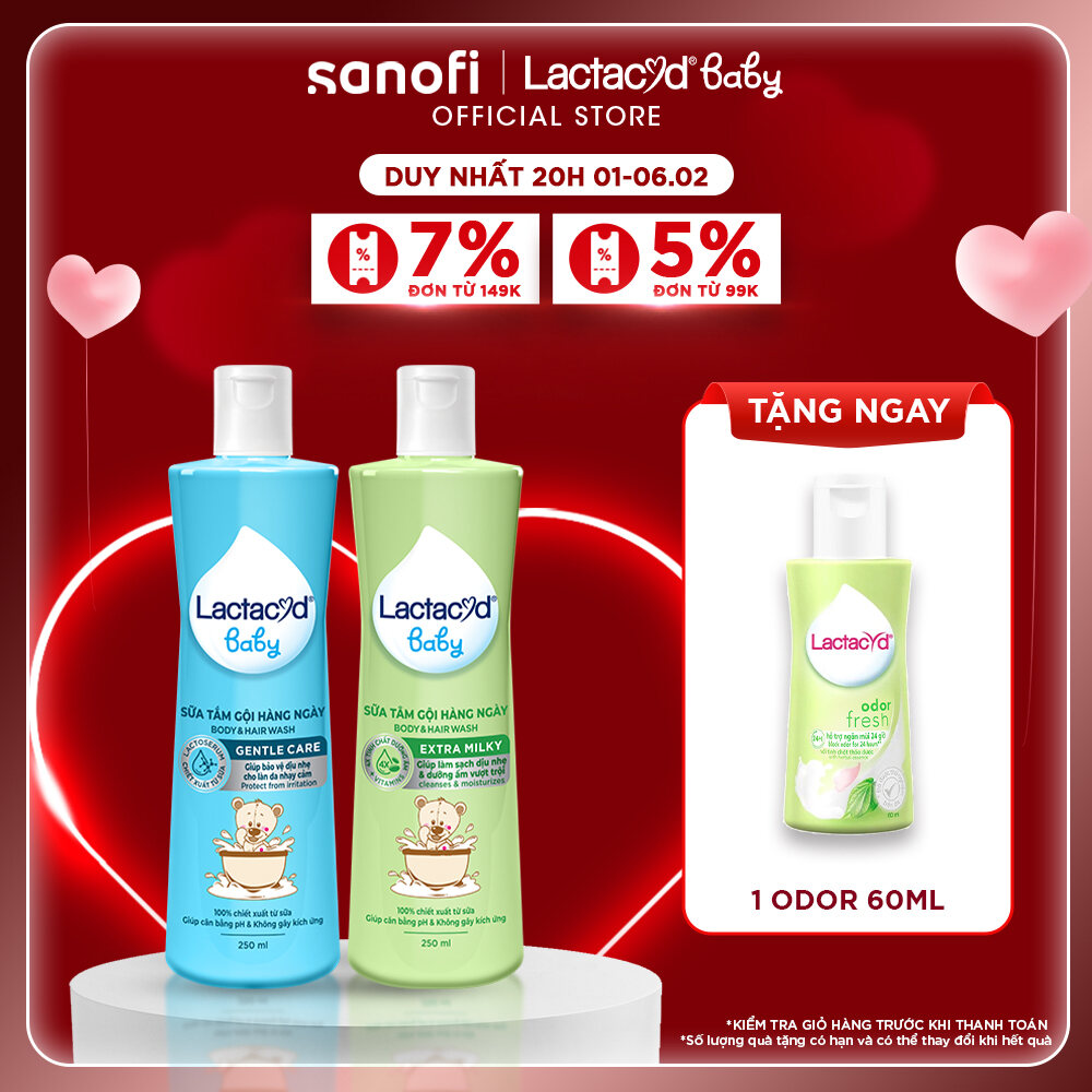 Bộ 1 chai Sữa Tắm Gội Trẻ em Lactacyd Baby Extra Milky 250ml + 1 Lactacyd Baby Gentle Care 250ml