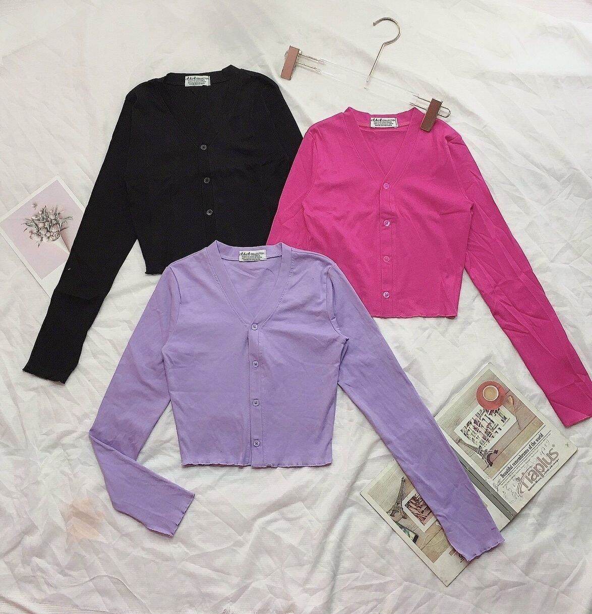 Áo thun tay dài croptop kiểu nút cài áo thun ôm cổ v form 45kg