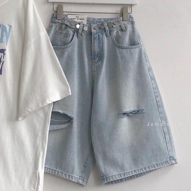 Quần jeans ngố đai nút rách