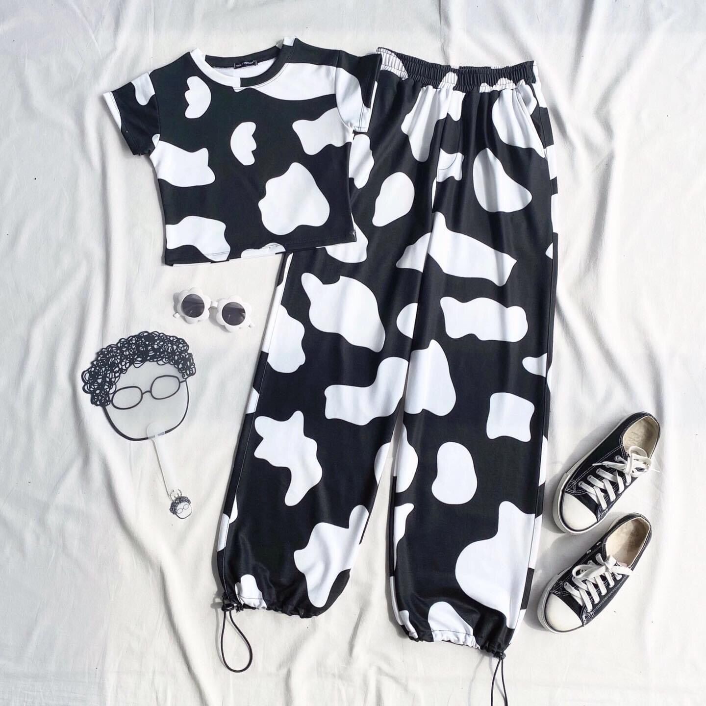 [HCM]Set aó croptop + long pant bò sữa