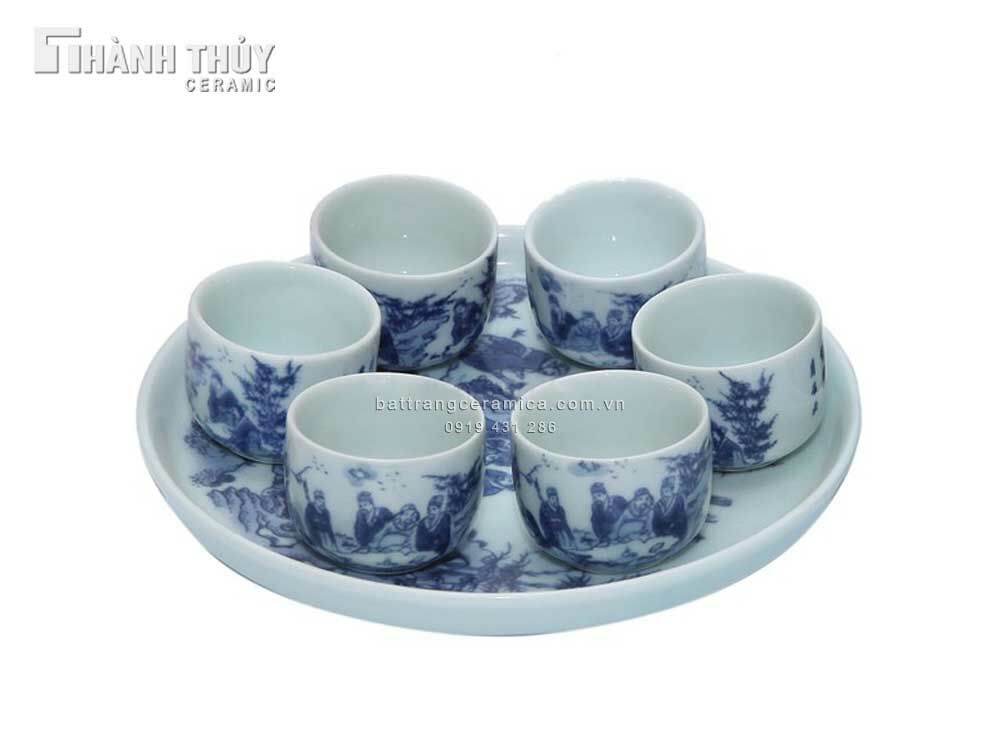 Bộ ấm chén trúc lâm thất hiền men lam cổ
