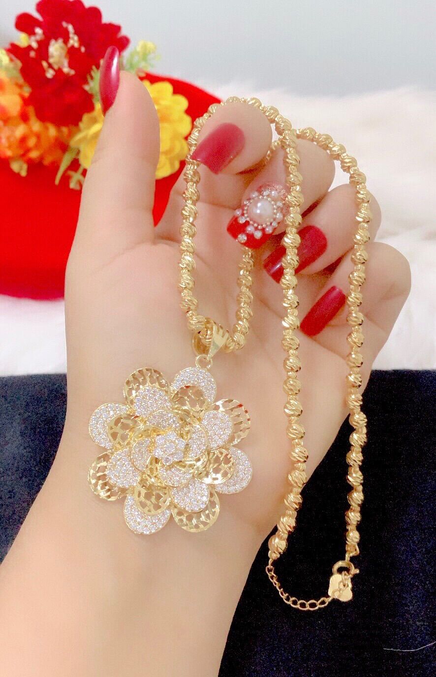 Dây chuyền nữ kiểu bi mặt hoa mạ vàng 18k cao cấp mẫu mới về