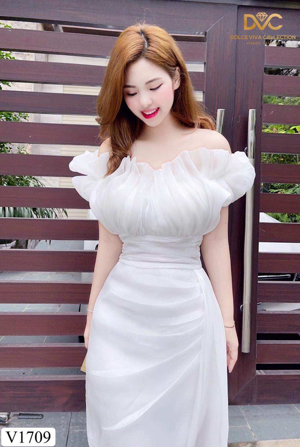 V1709 Váy trắng trần vai