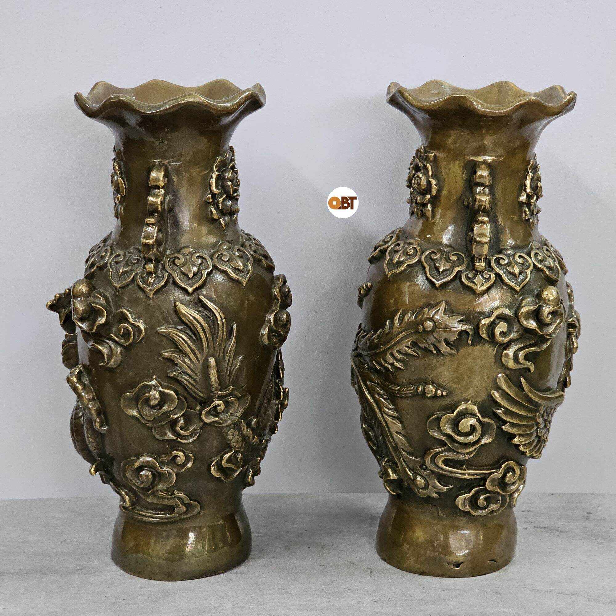 Cặp bình bông long phụng phong thuỷ bằng đồng