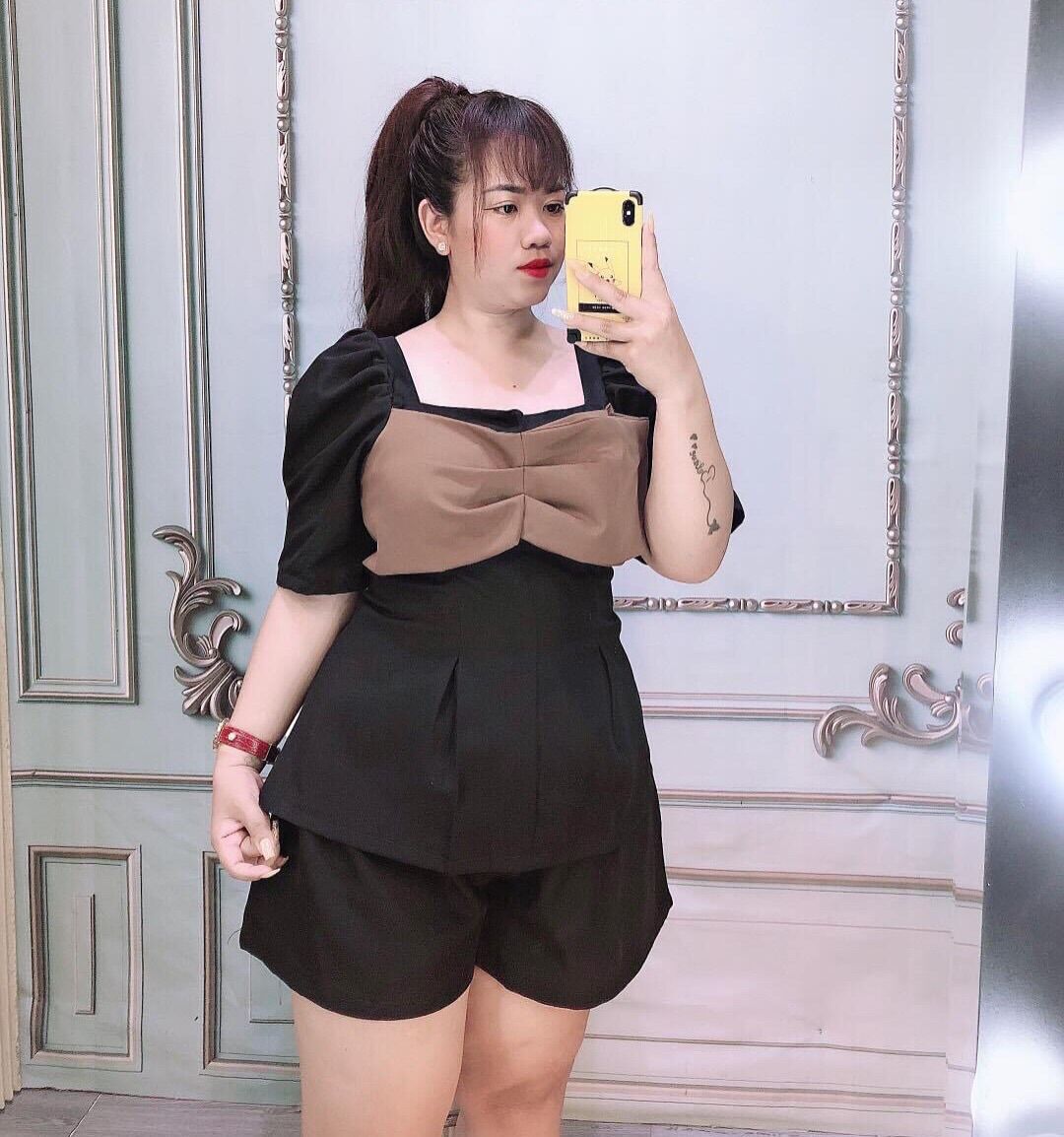 [Shop bigsize nữ 50kg-90kg] Set áo peplum nơ mix short - SNO