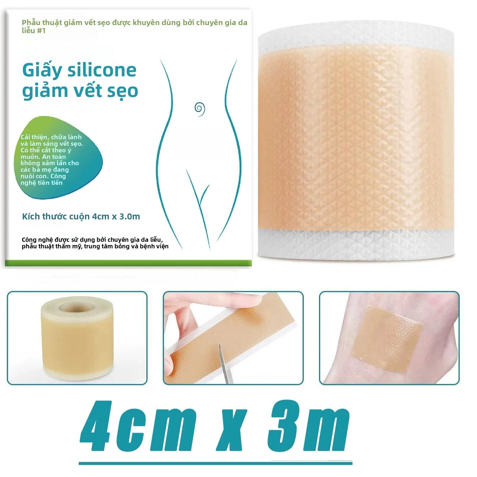 Miếng Dán Silicon Sẹo 4CM X 3M, Tự Dính, Băng Dán Rạn Da, Miếng Dán Silicon Che Sẹo Tái Sử Dụng, Chăm Sóc Da Hiệu Quả