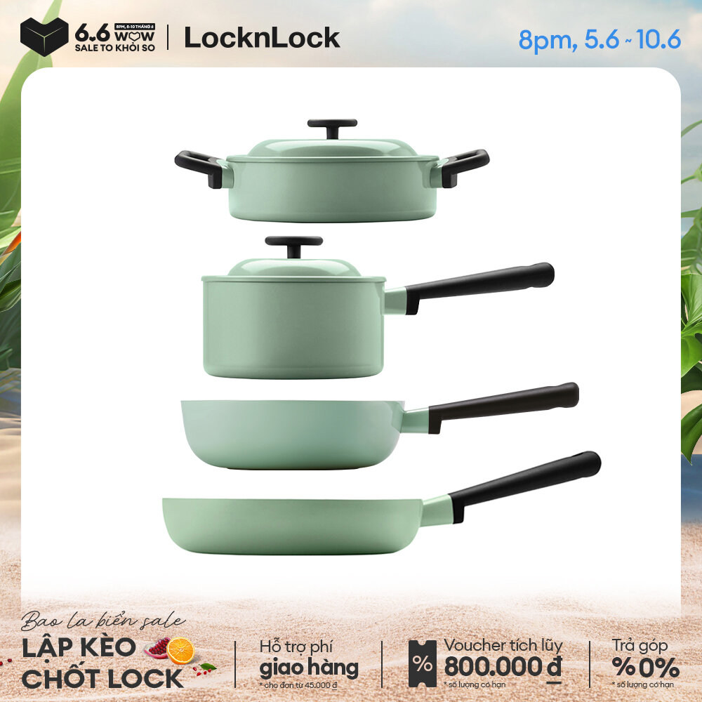 Bộ 4 nồi chảo chống dính Lock&Lock Decore - Màu Mint - Gồm 2 nồi và 2 chảo chiên - kèm nắp cho nồi - Phủ sứ - Sử dụng được bếp từ - Hàng chính hãng