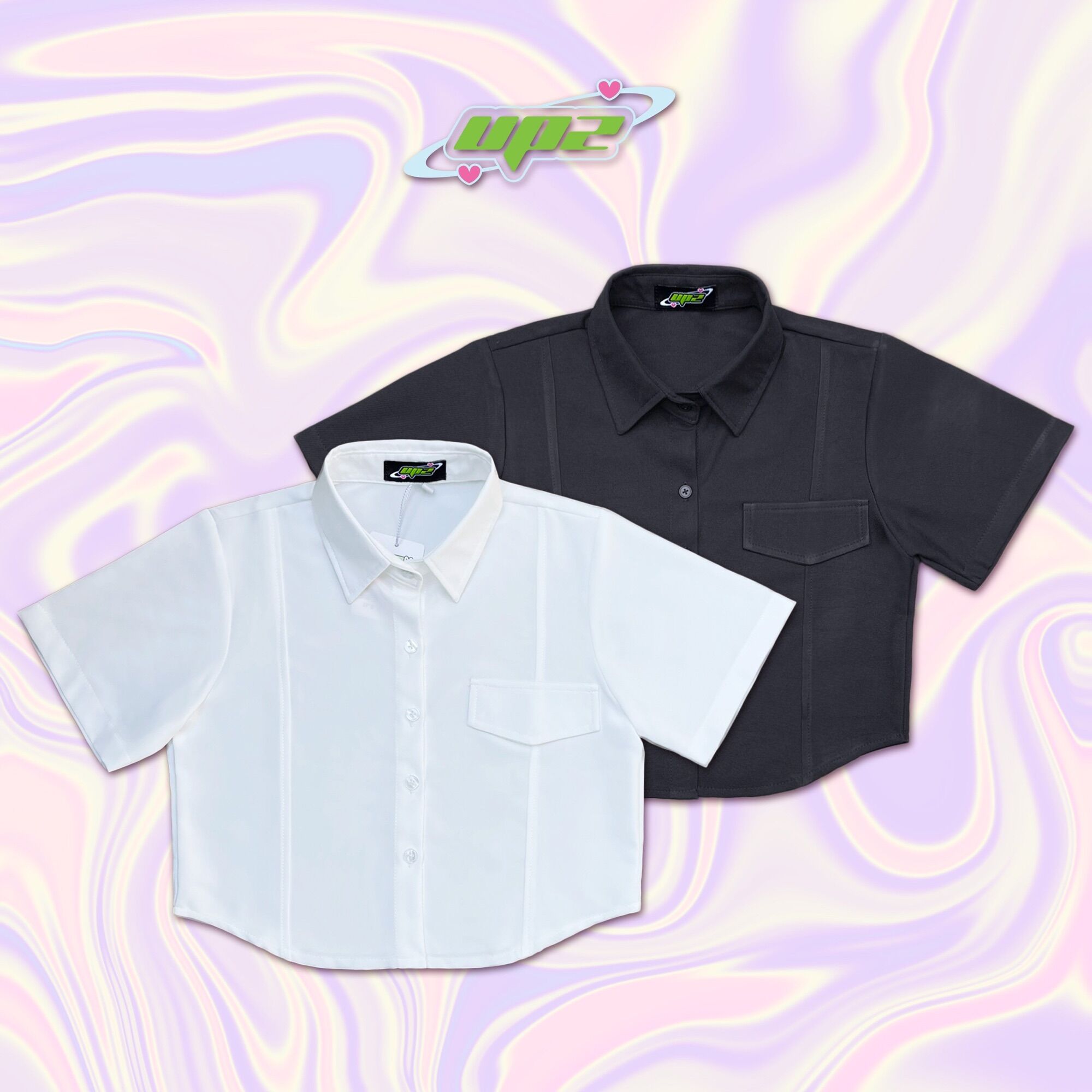 Upz áo sơmi nữ croptop giả nắp túi
