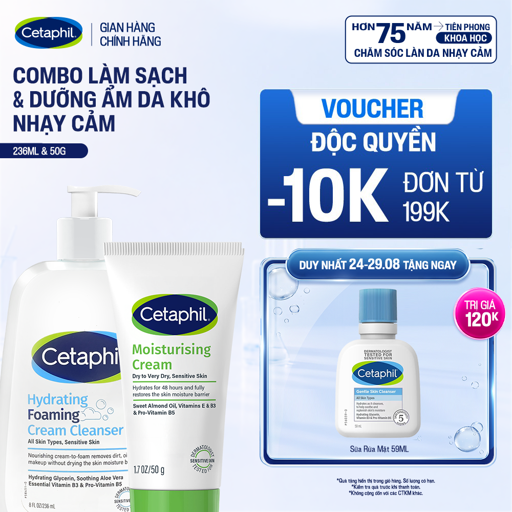 Combo Sữa Rửa Mặt Tạo Bọt Cetaphil Hydrating Foaming Cream Cleanser 236ml + Kem dưỡng ẩm CETAPHIL MOISTURISING CREAM 50G