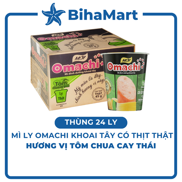 [THÙNG 24 LY] - MASAN - Mì ly Omachi có CÂY THỊT THẬT hương vị Tôm Chua Cay (111g/ly) - Mì ly khoai tây ăn liền
