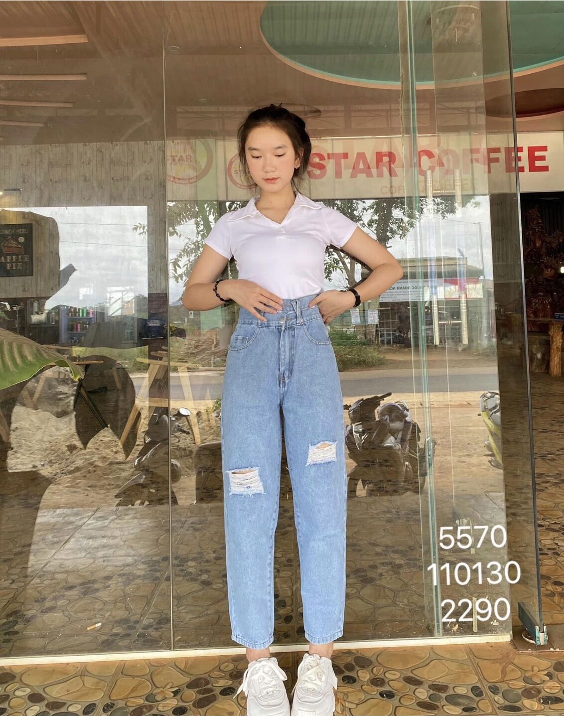 Set Baggy Jeans Lưng Cao Rách X + Croptop Petter Trắng
