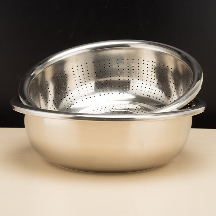 Rổ rỉ inox dày, rổ đãi gạo, rổ đãi gạo, chậu thoát nước hình tròn, chậu rỉ cỡ lớn, chậu rửa rau, giỏ hoa quả