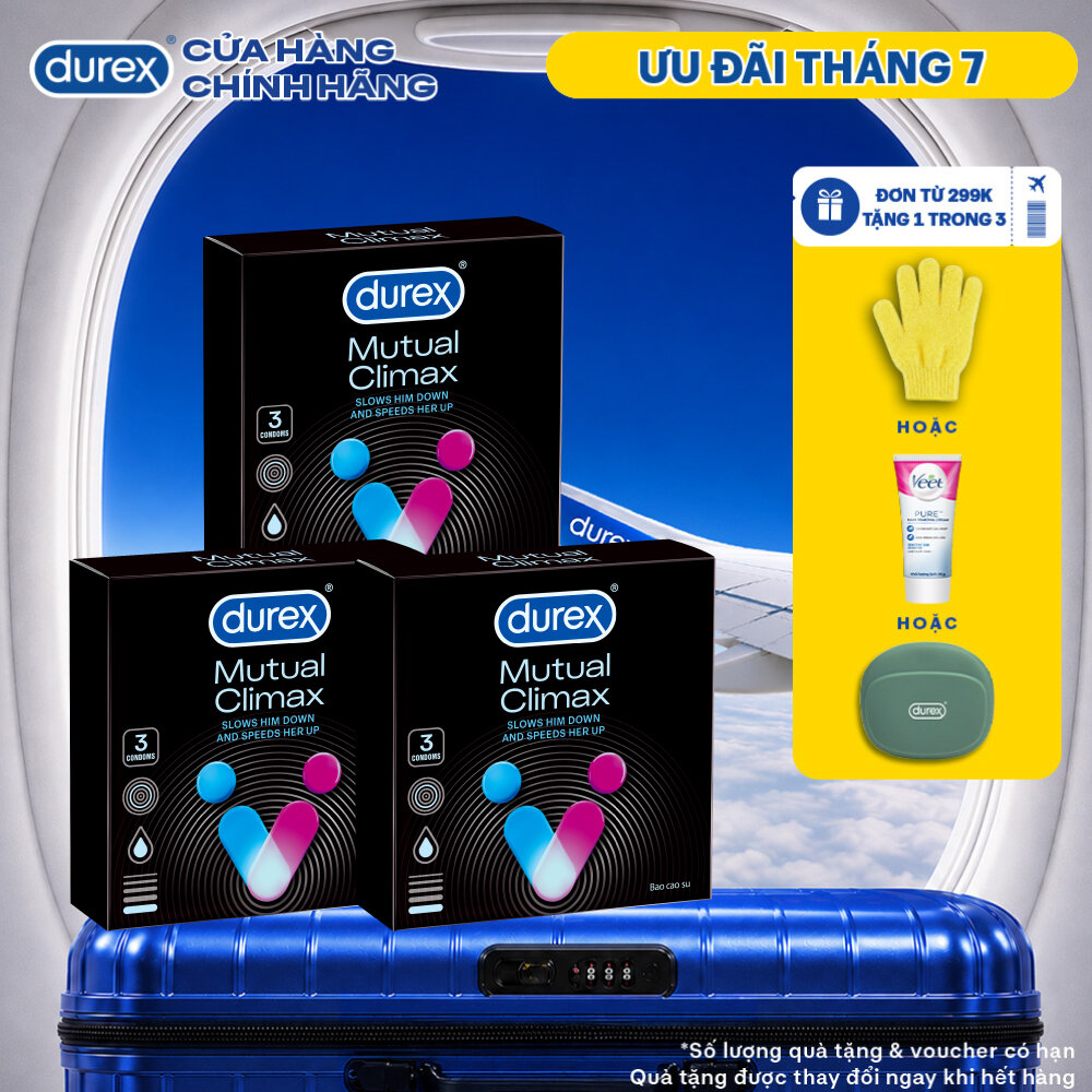 [SẢN PHẨM MỚI] Bộ 3 bao cao su Durex Mutual Climax kéo dài thời gian và gân gai, size 52.5 mm, hộp 3 bao