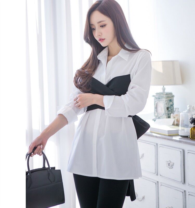 Áo sơ mi có phối dây đen quấn eo xinh t1