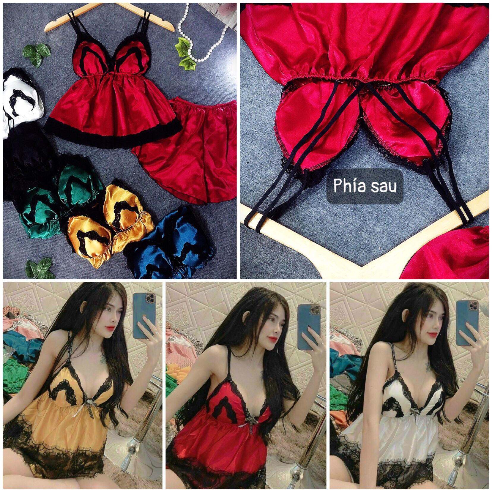 Đồ ngủ sexy phi lụa có mút chất vải phi lụa phối ren đen dây áo đôi DN0006