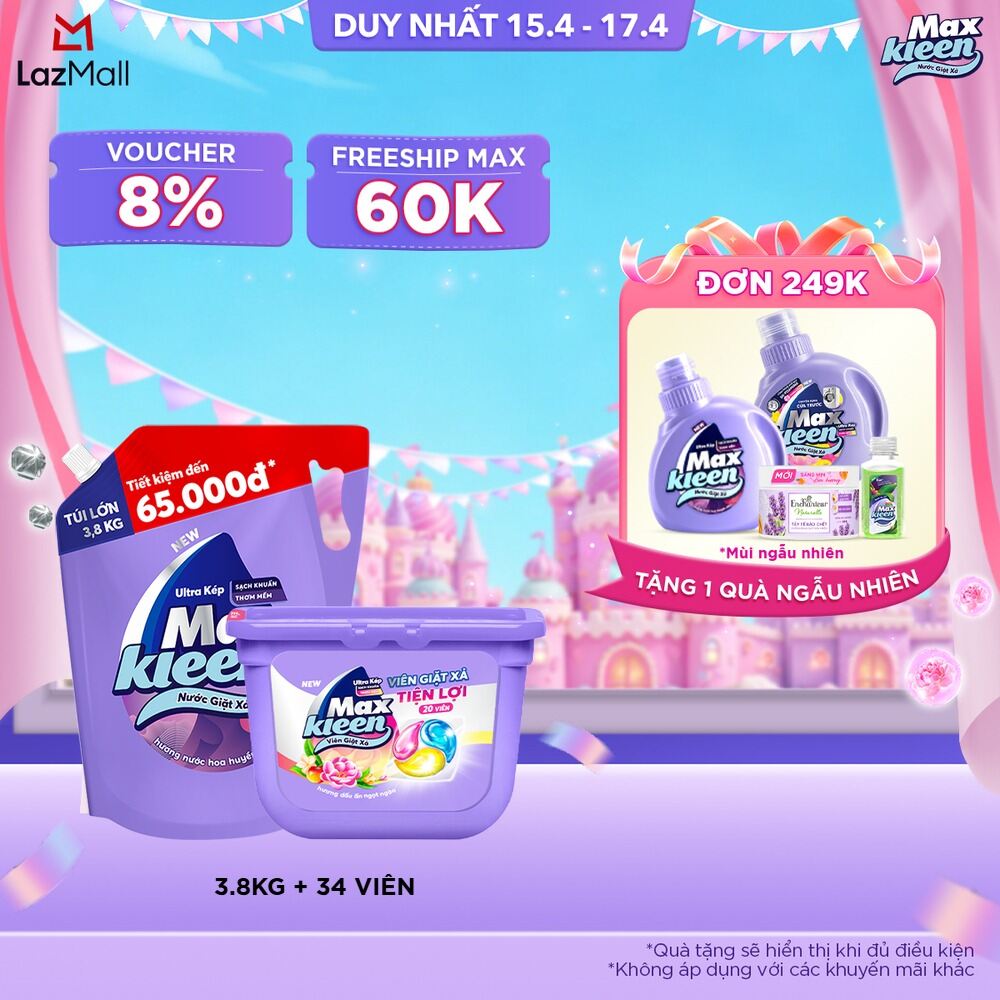 Combo Túi nước giặt xả 3.8 kg + Túi viên giặt xả 34 viên MaxKleen hương Huyền Diệu