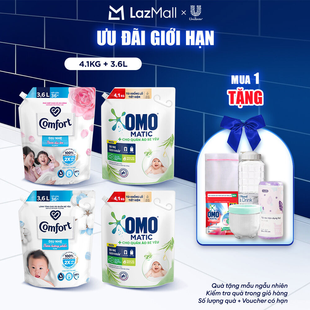  Bộ đôi COMBO giặt xả dành cho da nhạy cảm bé yêu COMFORT OMO 3.6L 4.1kg 