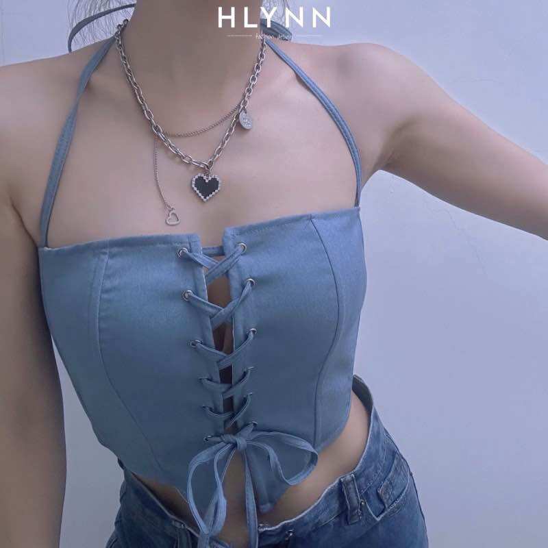 M230 Áo vải jeans đan dây có mút ngực áo corset vải bò m230
