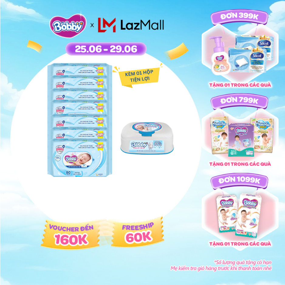[SALE CUỐI THÁNG tặng QUÀ TO-SLCH][Tặng 1 hộp tiện lợi] Bộ 7 gói khăn giấy ướt trẻ em Bobby Care gói Bổ sung không mùi - 80 miếng