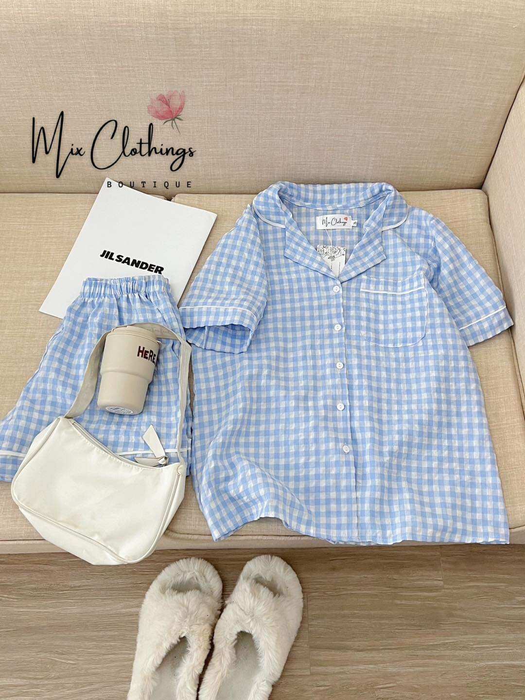 Sét bộ đùi pyjama kẻ xốp cổ vét