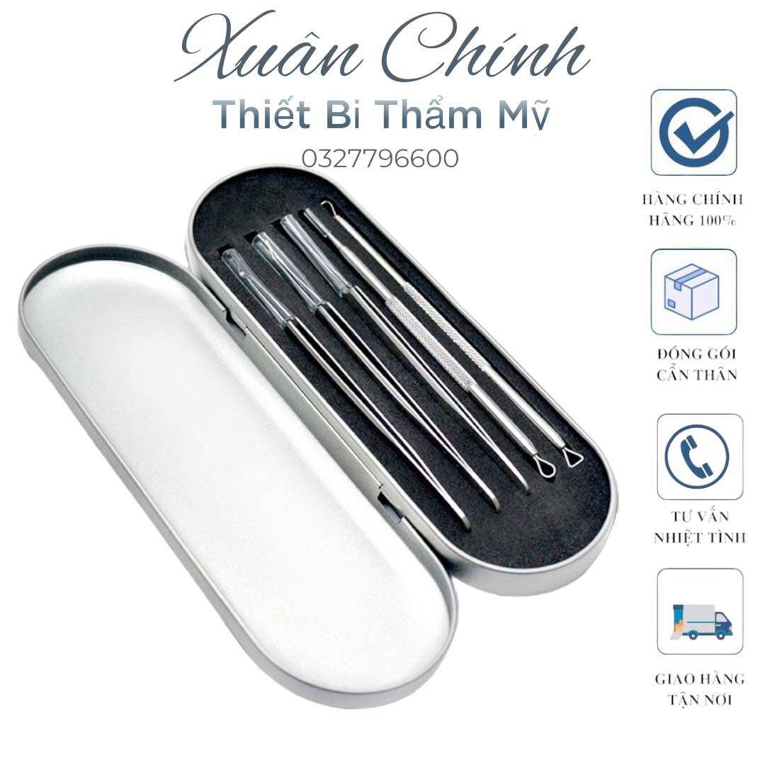 Bộ Nhíp Gắp MỤN Bằng Thép Không Rỉ Cao Cấp 5 Món Hộp Kim Loại