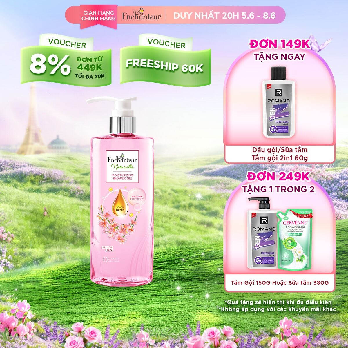 Sữa tắm Naturelle Rose/ Iris/ Lavender 510g + Tặng Túi sữa tắm 200g (mùi ngẫu nhiên)