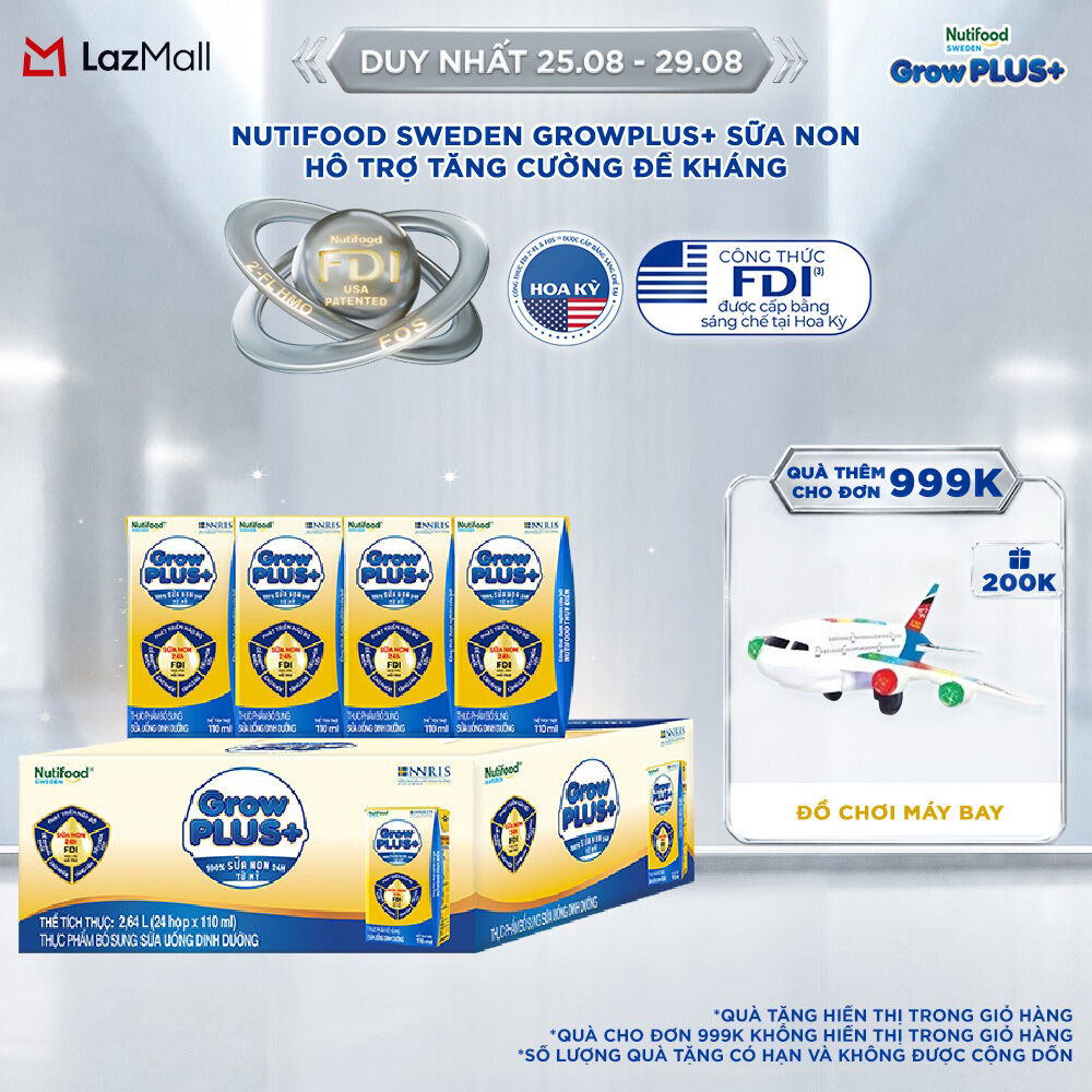 Thùng 24 hộp Sữa Bột Pha Sẵn Nutifood GrowPLUS+ Sữa Non (Vàng) - Hỗ Trợ Tăng Cường Đề Kháng 110ml