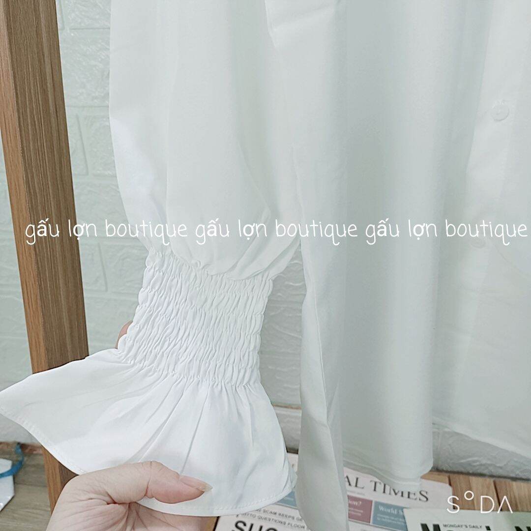 áo sơ mi trắng oversize tay bo chun ảnh thật
