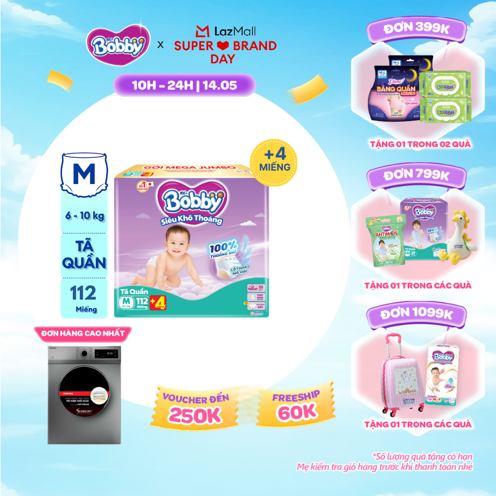 [SALE GIỮA THÁNG tặng QUÀ TO-SLCH][TẶNG MIẾNG NGẪU NHIÊN] Tã quần Bobby Siêu Khô Thoáng - 100% Thoáng Khí Mega Jumbo  M112 (số miếng tặng thay đổi theo từng đợt nhập hàng)