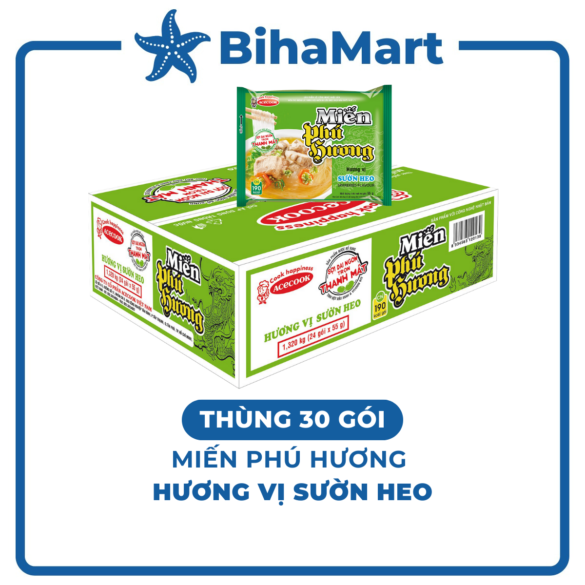 BOX 24 PACKAGE - ACECOOK - PHU HUONG INSTANT VERMICELLI NOODLE SPARERIBS