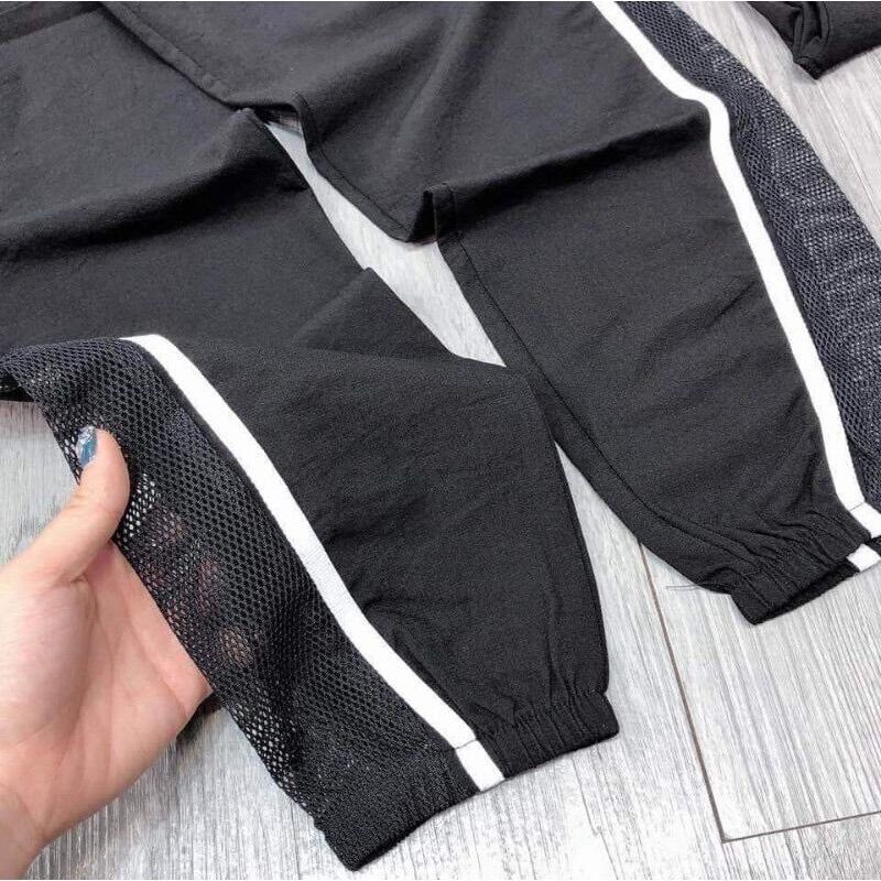 Quần baggy nữ vải đũi phối lưới
