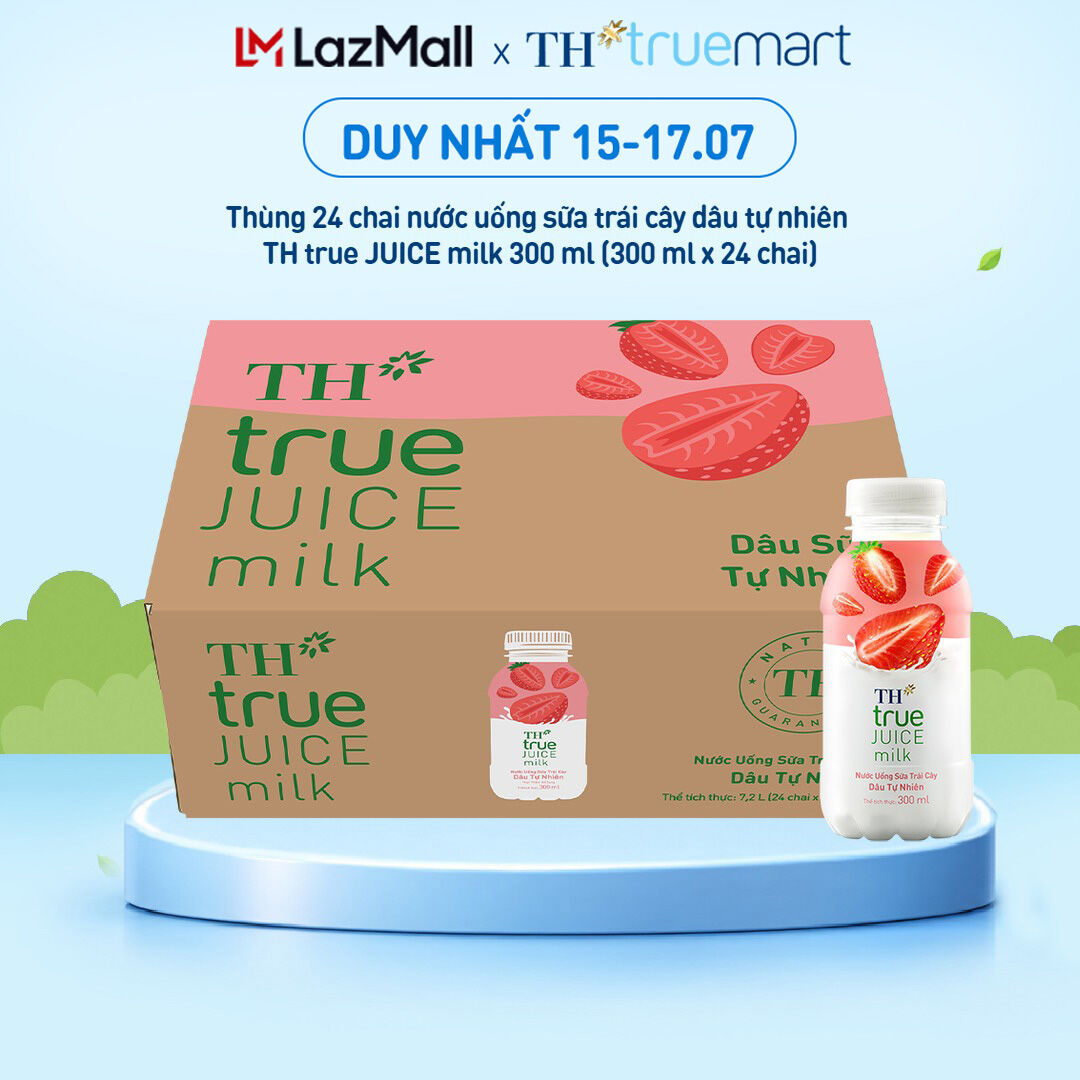 Thùng 24 chai nước uống sữa trái cây TH true JUICE milk dâu tự nhiên 300 ml (300 ml x 24)