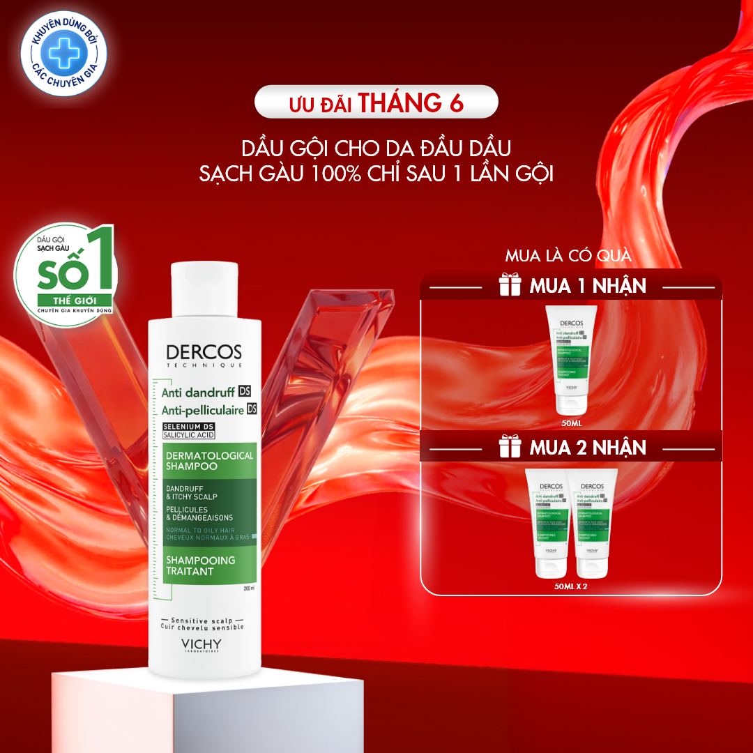 Dầu gội sạch gàu 100% chỉ sau 1 lần gội, giúp sạch gàu dành cho da đầu dầu và ngứa Vichy Dercos Anti Dandruff 200ml