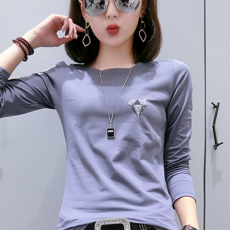 Áo Thun Cotton Dài Tay Màu Trơn Cho Nữ Mùa Xuân Thu Đông Thời Trang Bên Trong Áo Khoác Ngoài Thời Trang Có Đính Đá