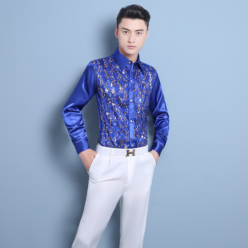 Áo sơ mi nam dài tay, trang phục biểu diễn múa hợp xướng ca sĩ mc, áo sơ mi kim sa thời trang sân khấu
