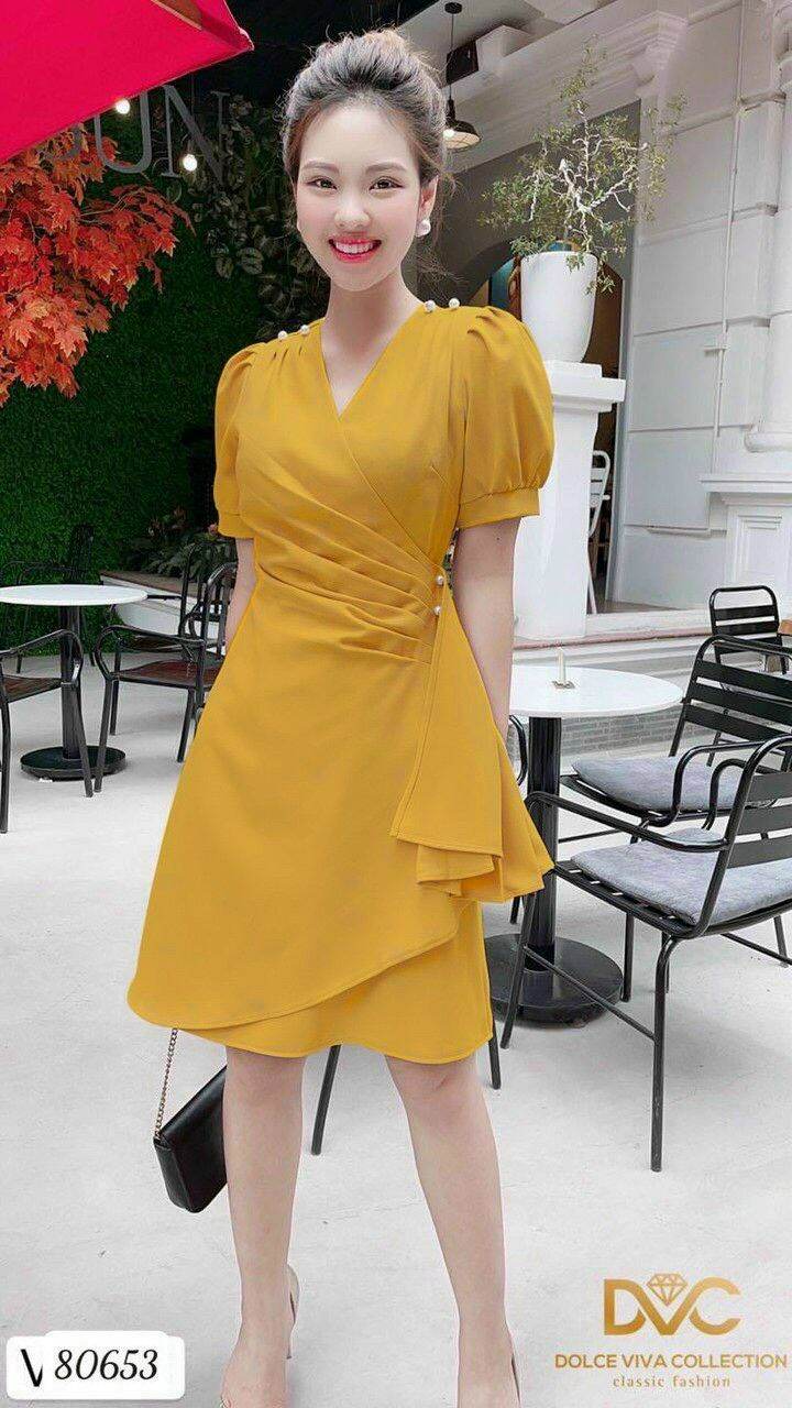 Váy đầm xòe dự tiệc nhún bèo eo phối phụ kiện trẻ trung xinh xắn