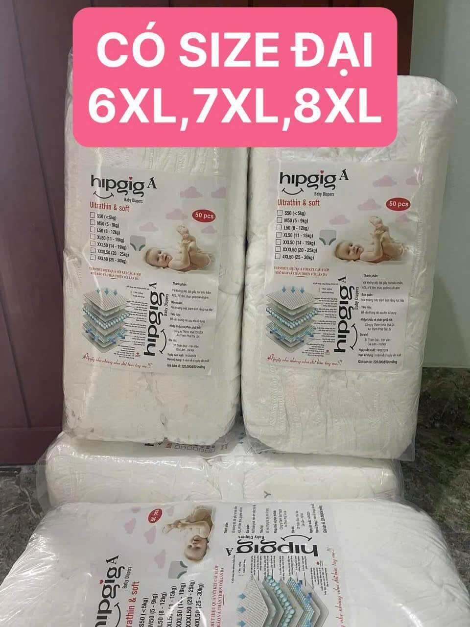 [ Bỉm cho bé tè nhiều ] 50 MIẾNG BỈM QUẦN HIPGIG LOẠI 1 BO MÔNG SIZE L-6XL,7XL,8XL