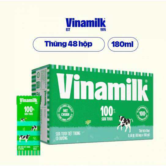 Thùng sữa tiệt trùng 100% Vinamilk (có đường và ít đường) 48 hộp 180ml
