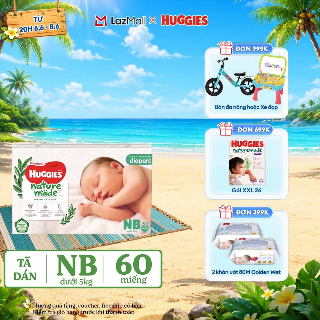 [CHỈ 9-10.6 QUÀ TẶNG ĐƠN 399K](Mua 1 tặng 1)  Tã/Bỉm dán sơ sinh Huggies Platinum NatureMade NB60 (dưới 5kg)-Gói Jumbo 60 miếng