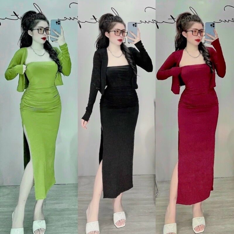 Sét đầm 2dây thun gân kèm áo khoác form dài