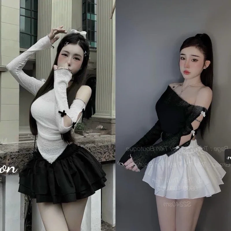 Áo kiểu lưới trễ vai tay dài tiểu thư l4011