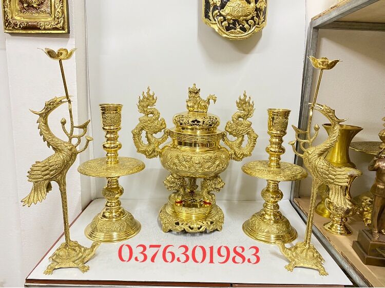 Bộ Đỉnh Đồng lư thờ bằng đồng bộ ngũ sự đỉnh hạc nến cao 40cm