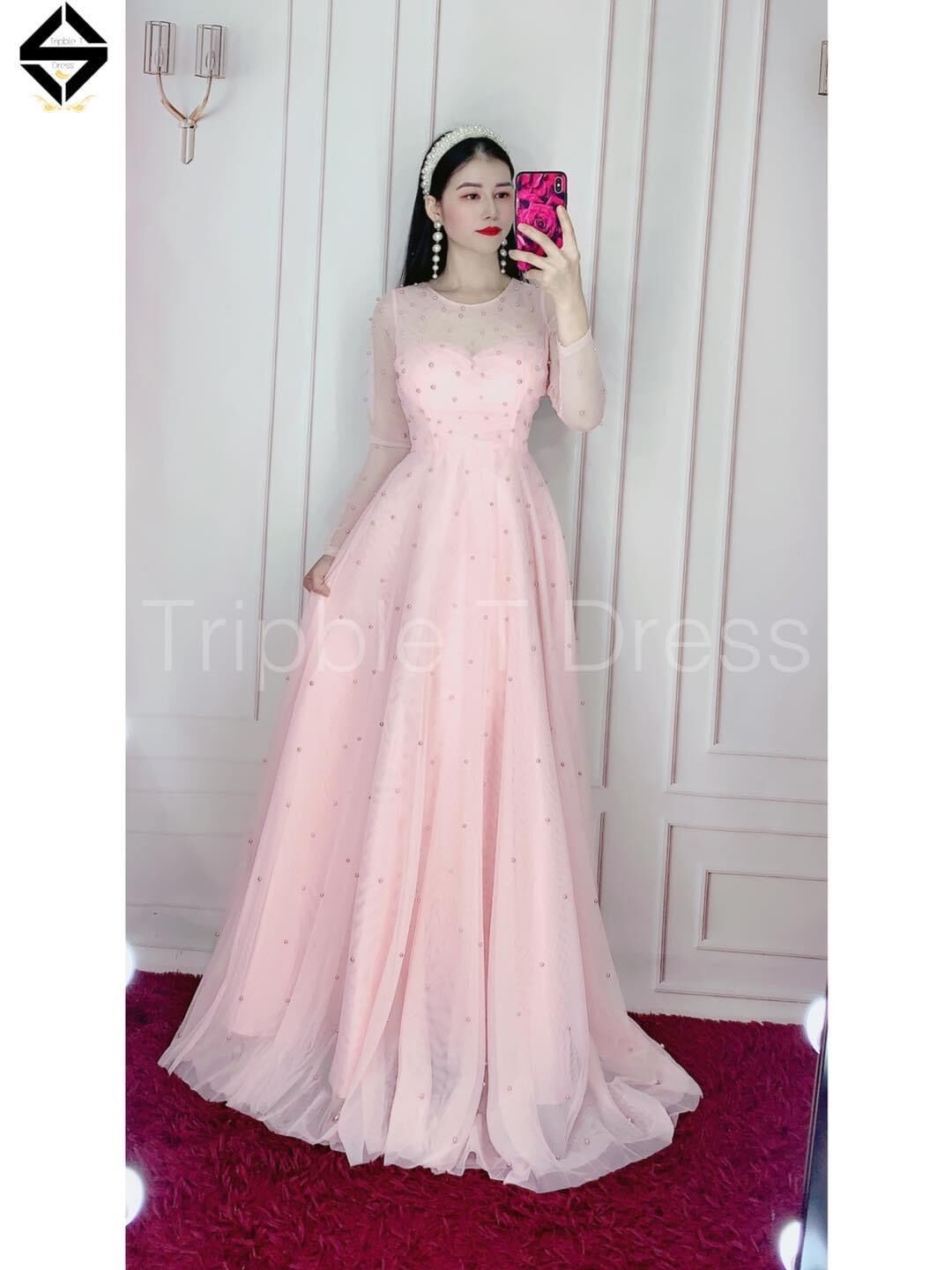 Đầm maxi dạ hội tay dài đính chuỗi ảnh thật