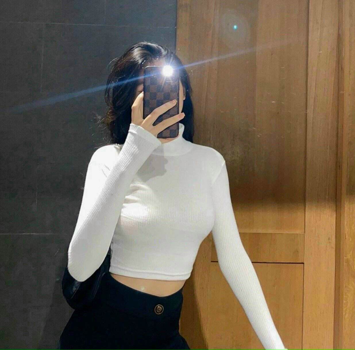 ÁO thun cổ lọ tay dài croptop thun gân