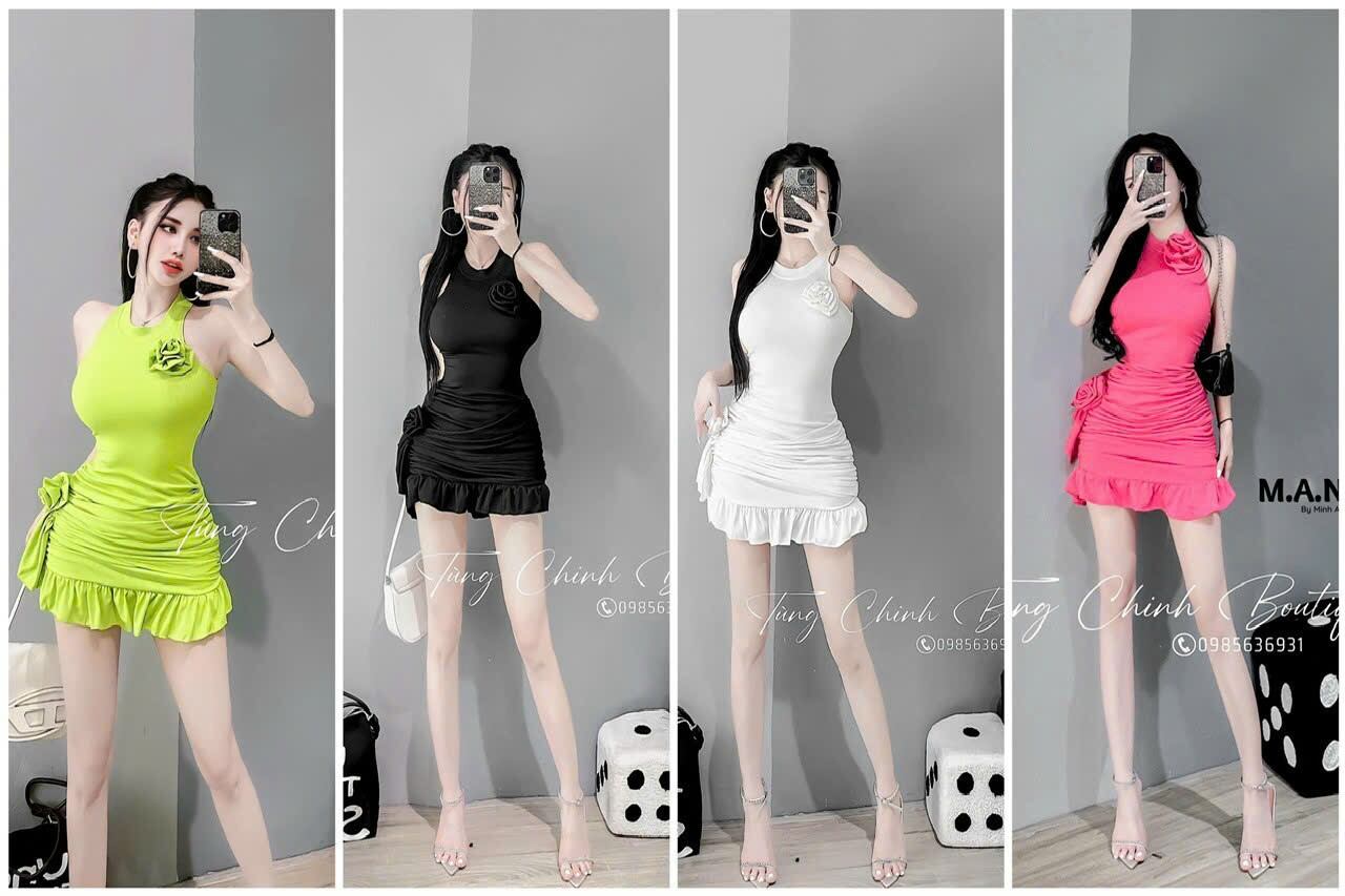 Đầm body cổ yếm chân váy xoè nhún sườn hoa hồng hông, chất len tăm